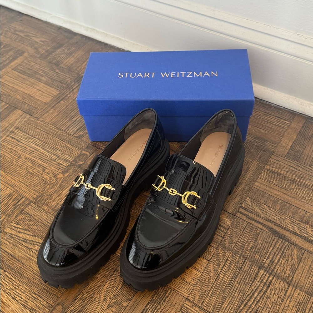 Stuart Weitzman Black Patent Leather Loafers with Gold Hardware